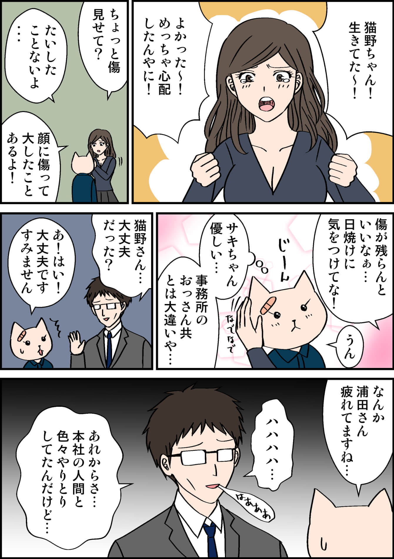 猫野ちゃん!生きてた〜! よかった〜!めっちゃ心配したんやに! ちょっと傷見せて? たいしたことないよ… 顔に傷って大したことあるよ! 傷が残らんといいなぁ…日焼けに気をつけてな! うん サキちゃん優しい…事務所のおっさん共とは大違いや… 猫野さん…大丈夫だった? あ!はい!大丈夫ですすみません なんか浦田さん疲れてますね… ハハハハ… あれからさ…本社の人間と色々やりとりしてたんだけど…